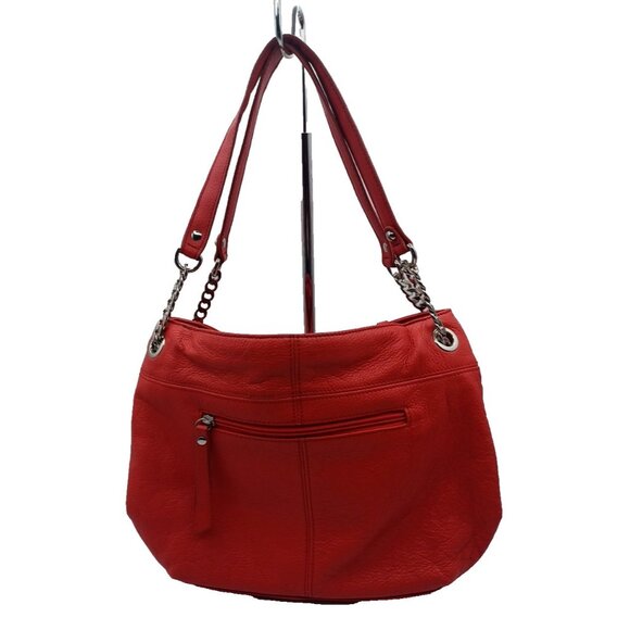 Tignanello Pebble Leather Chain Tote Handbag Purse Tomato Red Shoulder Bag Large - Picture 4 of 15